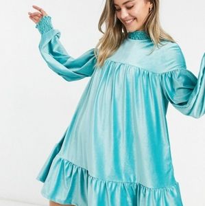 ASOS DESIGN Velvet Corduroy smock mini dress with high neck in jade green Sz 4